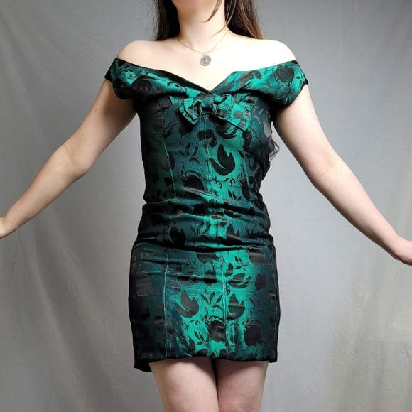 Vintage green floral satin prom dress - Picture 6 of 8